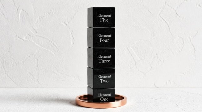 Five black polished cubes labeled Element One to Five stacked vertically on a bronze ring base against a white textured wall, showing a minimalist structural sequence and order.
