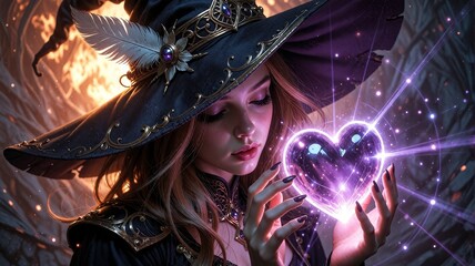 Fototapeta premium Enchanting Witch Holding a Glowing Purple Magic Heart