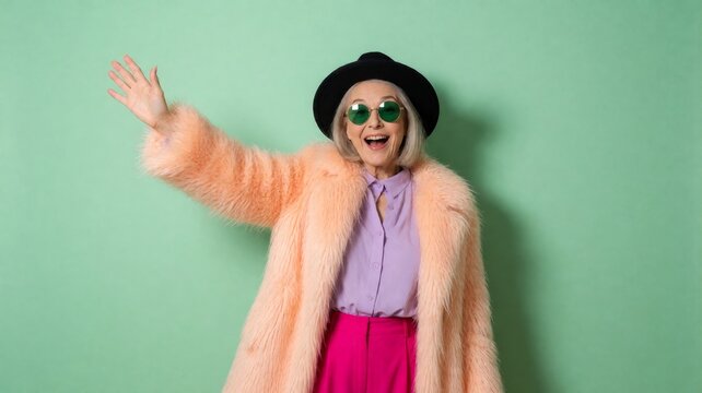 Excited Senior Woman in Pink Fur Coat Waving