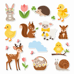 Naklejka premium Cute Spring Animals Stickers Set.