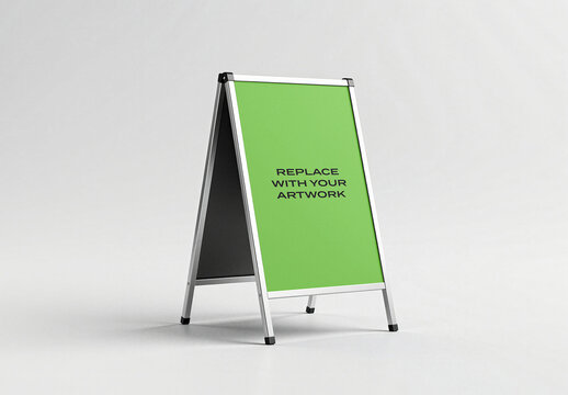 A-frame sign mockup with display panel and text placeholder, standing on a studio floor neutral background, Template, vertical signage for branding advertising presentation