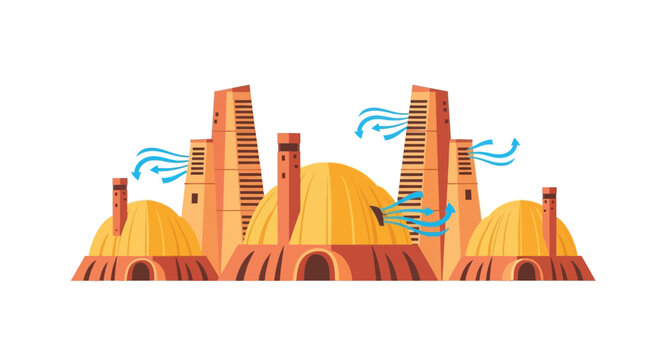 Traditional Wind Tower and Dome Architecture for Natural Passive Cooling System Illustration