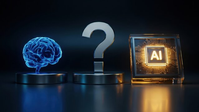 Human brain and AI chip separated by a silver question mark.