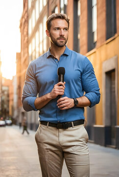 Journalism and news reporting, male reporter holding microphone on urban street at sunset, media and communication