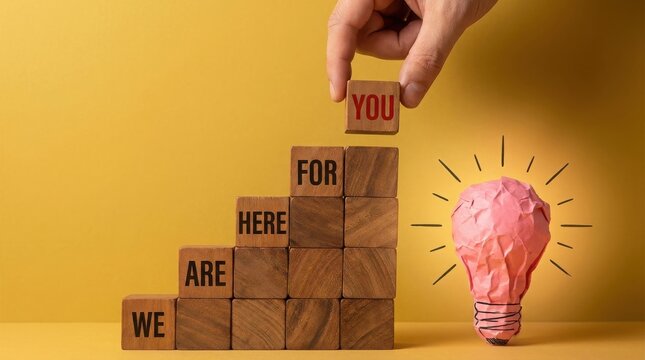 Hand placing wooden block with text we are here for you