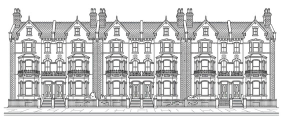 Obraz premium Victorian Terraced Houses Facade Line Art