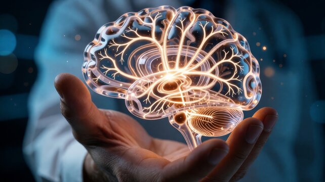 Glowing Transparent Human Brain Hologram in Medical Expert Hands