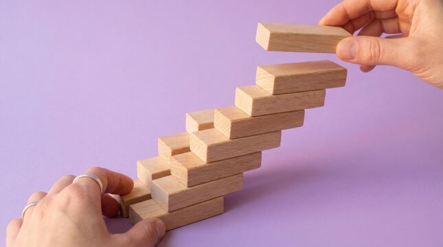 Hands building a staircase with wooden blocks on purple background