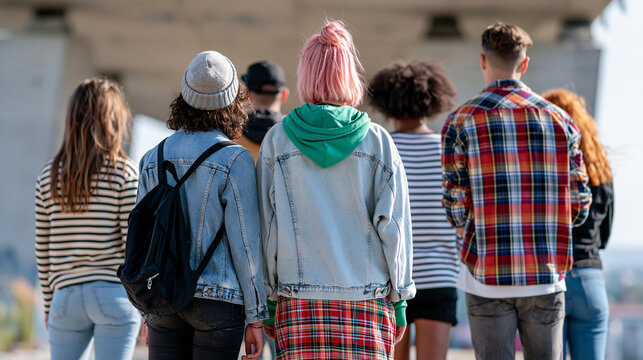 Diverse faceless young adults standing beneath a modern urban bridge, casual streetwear, looking toward the city, youth culture, urban lifestyle, Gen Z trends, community, modern