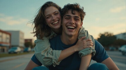 Obraz premium Happy young couple smiling and embracing outdoors at sunset