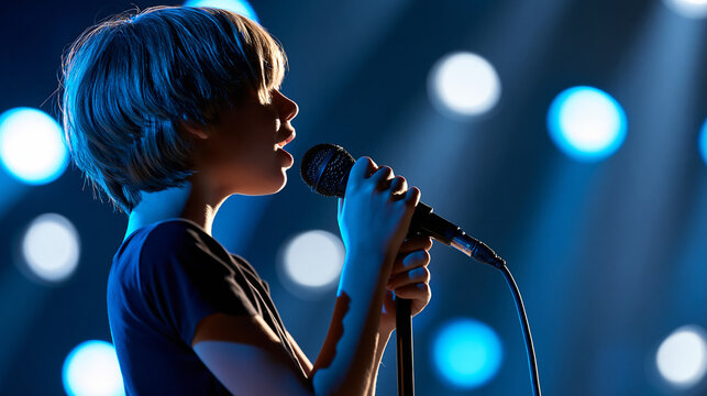 Faceless teenager singing into a microphone on a small theater stage, hands gripping microphone, dramatic stage lights, performing arts, youth education, theater school, music