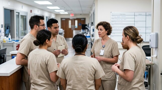 Safety huddle held in a quiet corner of a busy unit to avoid disrupting patient care &ndash; Hospital Safety Huddle and Team Communication