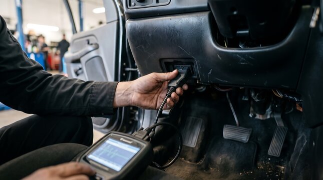 Auto mechanic using OBD2 diagnostic scanner to check car engine fault codes in workshop.