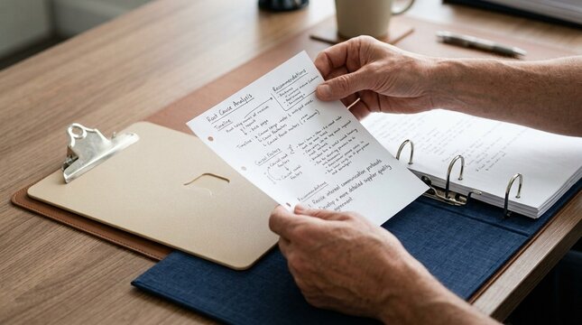 Transferring a completed root cause analysis report carefully from a clipboard into the binder &ndash; Root Cause Analysis in Healthcare Quality Improvement