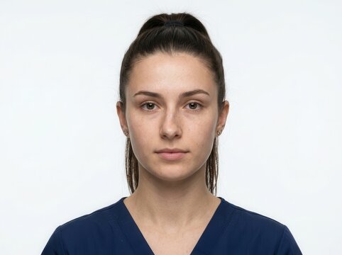 Portrait of a woman with a deviated septum on a white background