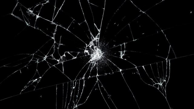 Cracked glass fracture effect on black background, Glass breaking into pieces. Realistic Glass impact crack, Broken cracks glass fracture effect texture isolated abstract black background. 