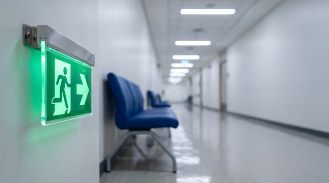 Green emergency exit sign in a modern hospital corridor with blue waiting chairs.