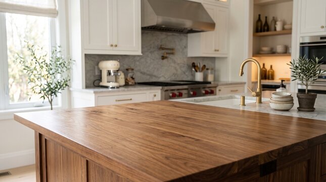 Modern kitchen interior with large wooden island countertop and white cabinets in a bright home