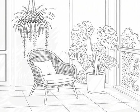 Rattan Chair and Monstera Plants in a Bright Sunroom Line Drawing