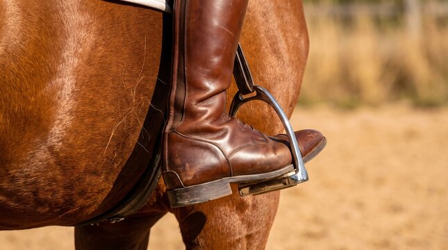 Equestrian rider wearing leather boots in stirrup on horseback for horse riding training