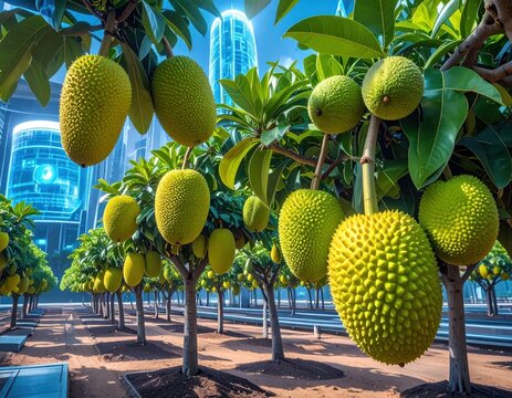 Rows of jackfruit trees in modern city plaza environment.