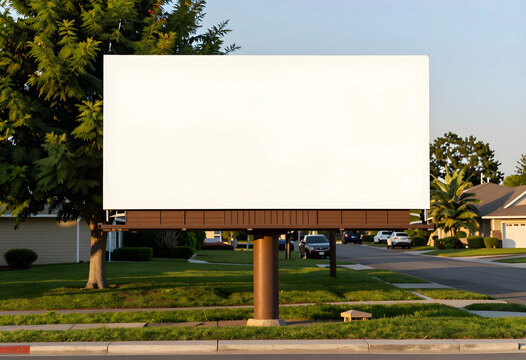 Outdoor advertising and marketing campaign, blank white billboard for ad placement in a suburban neighborhood street