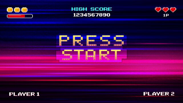 PRESS START. pixel art 8 bit. Retro Futurism Sci-Fi Background. glowing neon grid and stars from vintage arcade computer games
