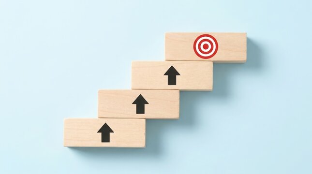Wooden blocks arranged as stairs with arrows and a target
