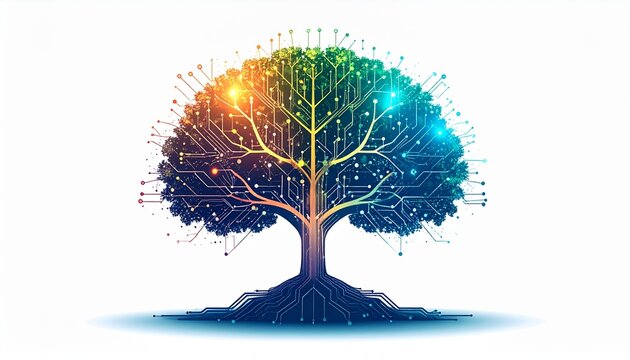 Digital Neural Network Tree Illustration with Colorful Circuit Board Design