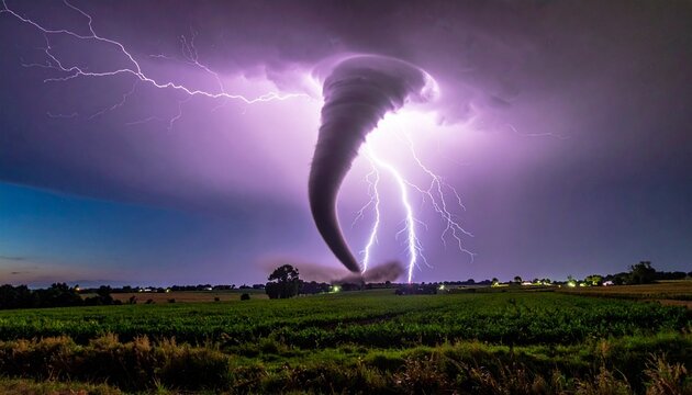 Massive Night Tornado and Lightning Storm over Rural Farmland