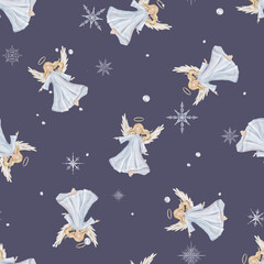 Naklejka premium Seamless pattern with cute Christmas angel with light hair and blue dress in minimalist scandinavian style. Hand drawn illustration repeat ornament with snowflakes children's design.
