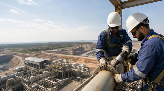 Workers Installing Pipeline at Open Pit Mining Facility