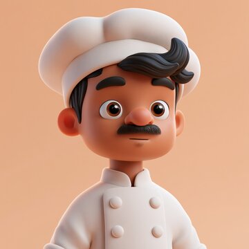 Cute rendered avatar portrait of a middle-aged South Asian male chef wearing a white chef's coat and hat against a soft orange background