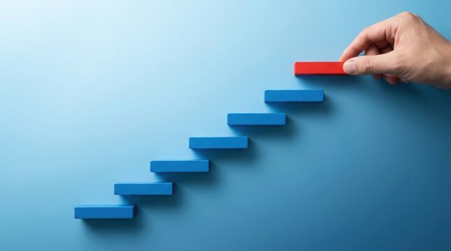 Hand placing a red block on a blue staircase