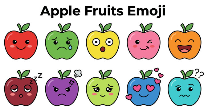 Apple fruits emoji set with various expressions, including happy, sad