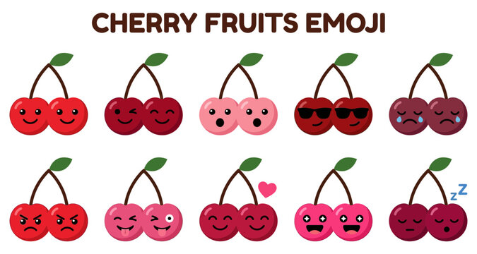 Cherry fruits emoji set with various expressions and emotions featuring fruit, icon