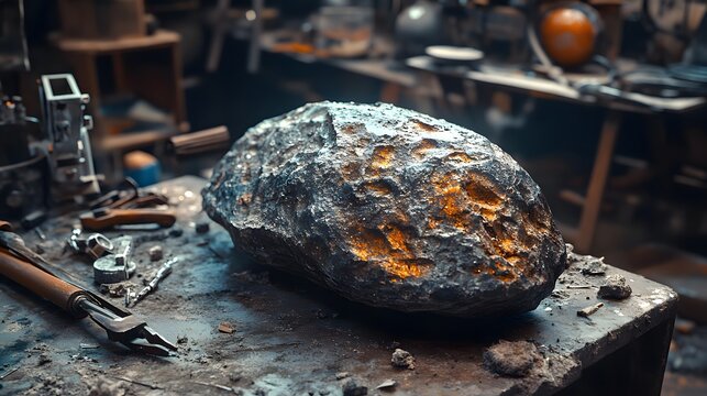 Close-up of a polished meteorite revealing its metallic surface and intricate textures on a workbench surrounded by tools, showcasing geological features for scientific or educational use.