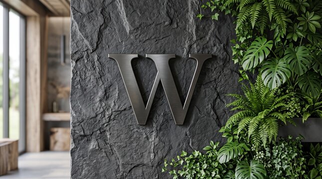 Metal letter w sign on a dark stone wall decorated with green tropical plants in a modern interior lobby