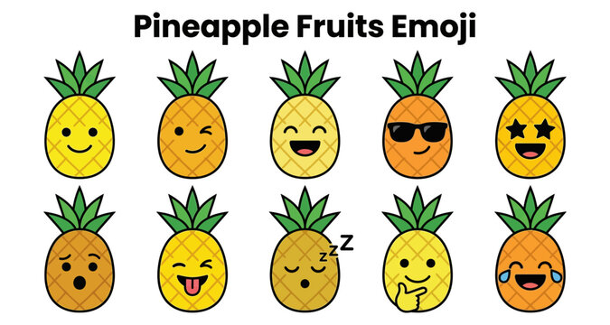 Pineapple fruits emoji set with various expressions and smiling faces featuring icon