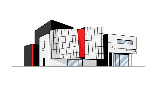 Modern Abstract Architecture Illustration Minimalist Building Design with Red Accents
