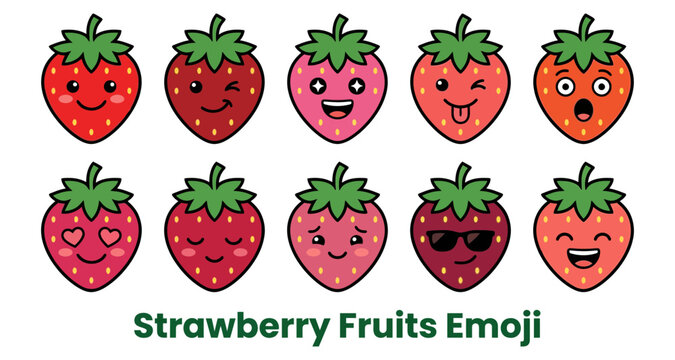 Strawberries fruits emoji set with various happy, surprised, and cool expressions