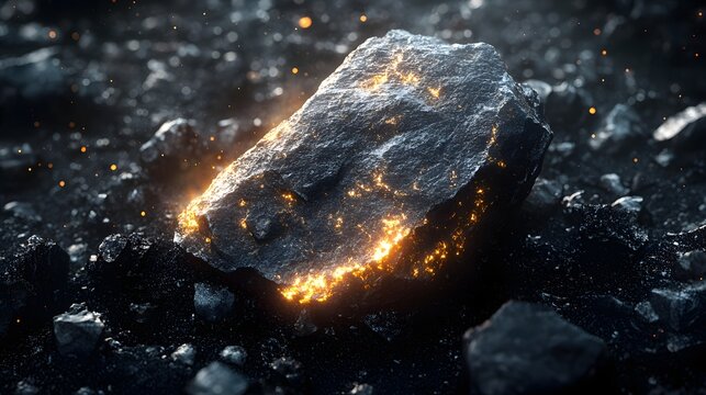 Close-up of a stony-iron meteorite glowing with internal light against dark rocky background highlighting metallic and mineral textures for geological or space exploration themes.