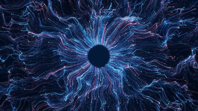 Futuristic flowing particles luminous radial vortex resembling neural activity, ideal for AI models, advanced computing, data analysis, scientific simulation, digital cognition quantum technology