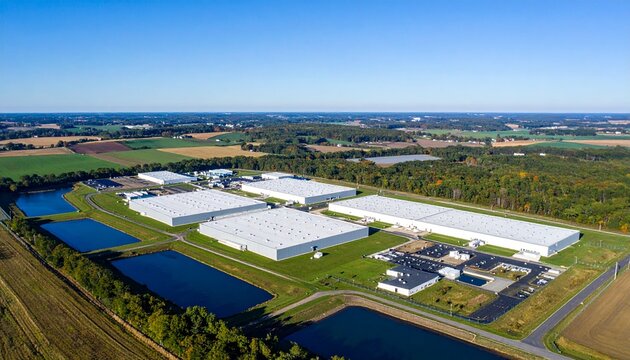 Aerial view of hyperscale data center complex and modern industrial warehouse facility in rural landscape