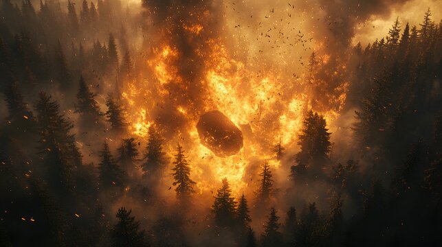 Aerial view of a meteorite crashing into dense forest causing massive explosion and fire with trees swaying and wildlife fleeing showcasing natural impact chaos --ar 16:9 --stylize 350 --v 6.
