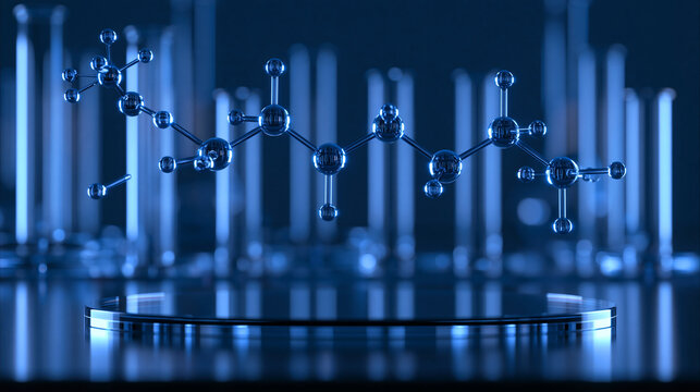 Advanced biotechnology visualization with glowing molecular structures suspended above a futuristic laboratory platform, molecular research, biotechnology, pharmaceutical science,