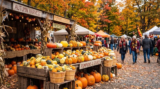 People shopping at a colorful autumn harvest market with pumpkins and fresh produce displayed in wooden crates outdoors during a beautiful fall day