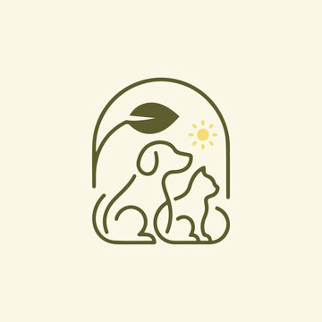 Minimalist eco pet care logo with dog cat leaf and sun inside arch frame vector illustration