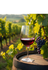 Fototapeta premium Wine tasting and vineyard experience, red wine glass on a barrel with fresh grapes in a sunny rural landscape