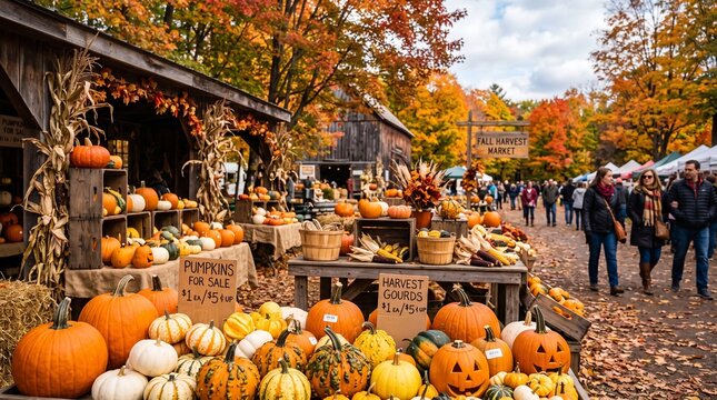 Many pumpkins and autumn harvest decorations at a crowded outdoor farmers market during a beautiful fall season day with people walking in the background